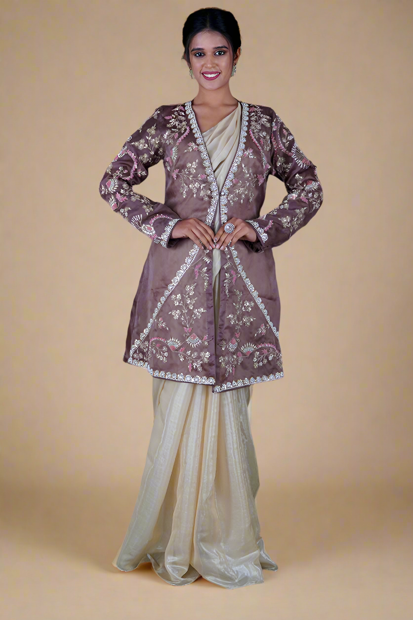 Metallic Silk Saree Three Piece Set (Beige)