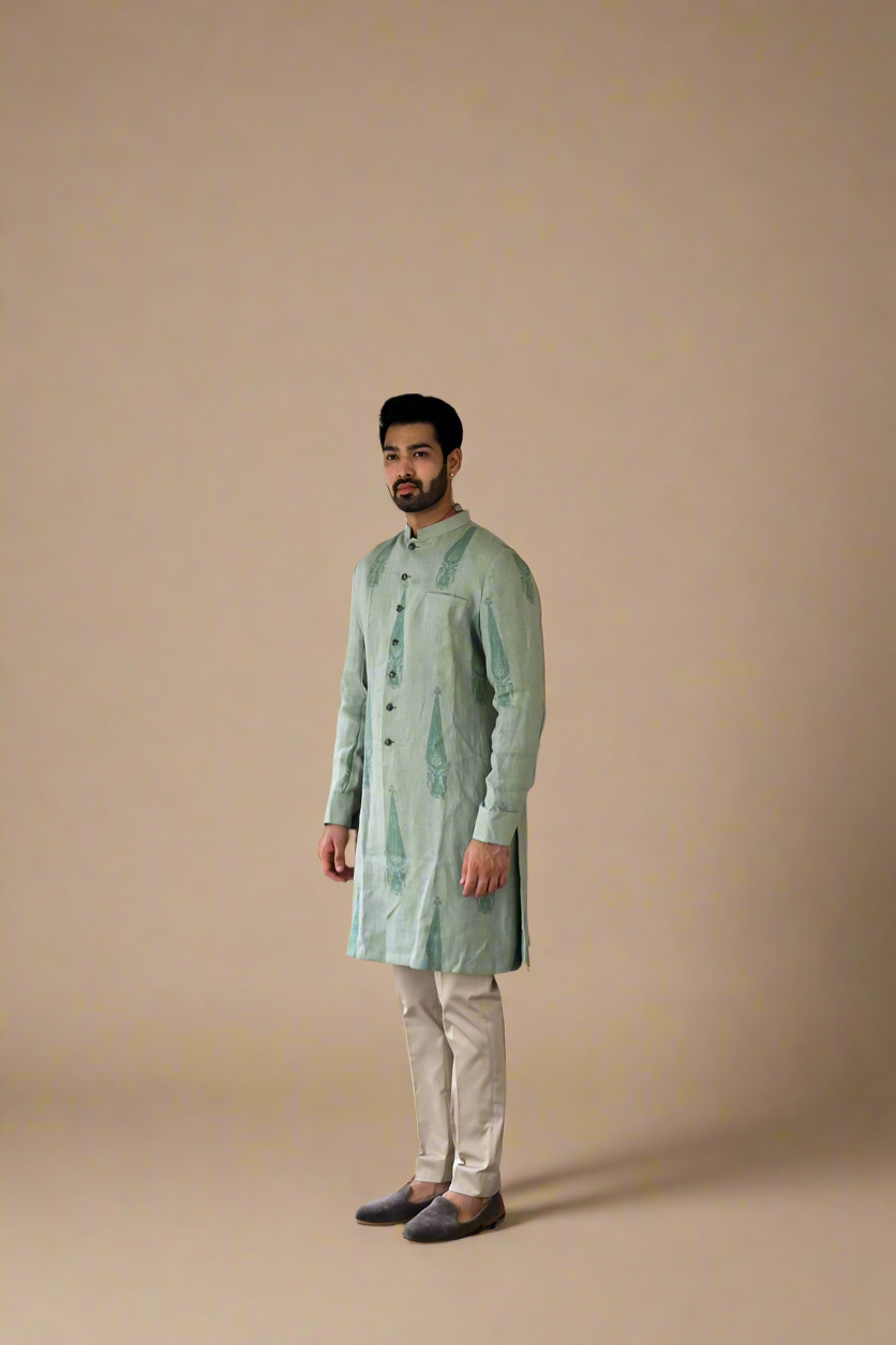 Hand-Block Kurta-Shirt Set (Mint / Olive)