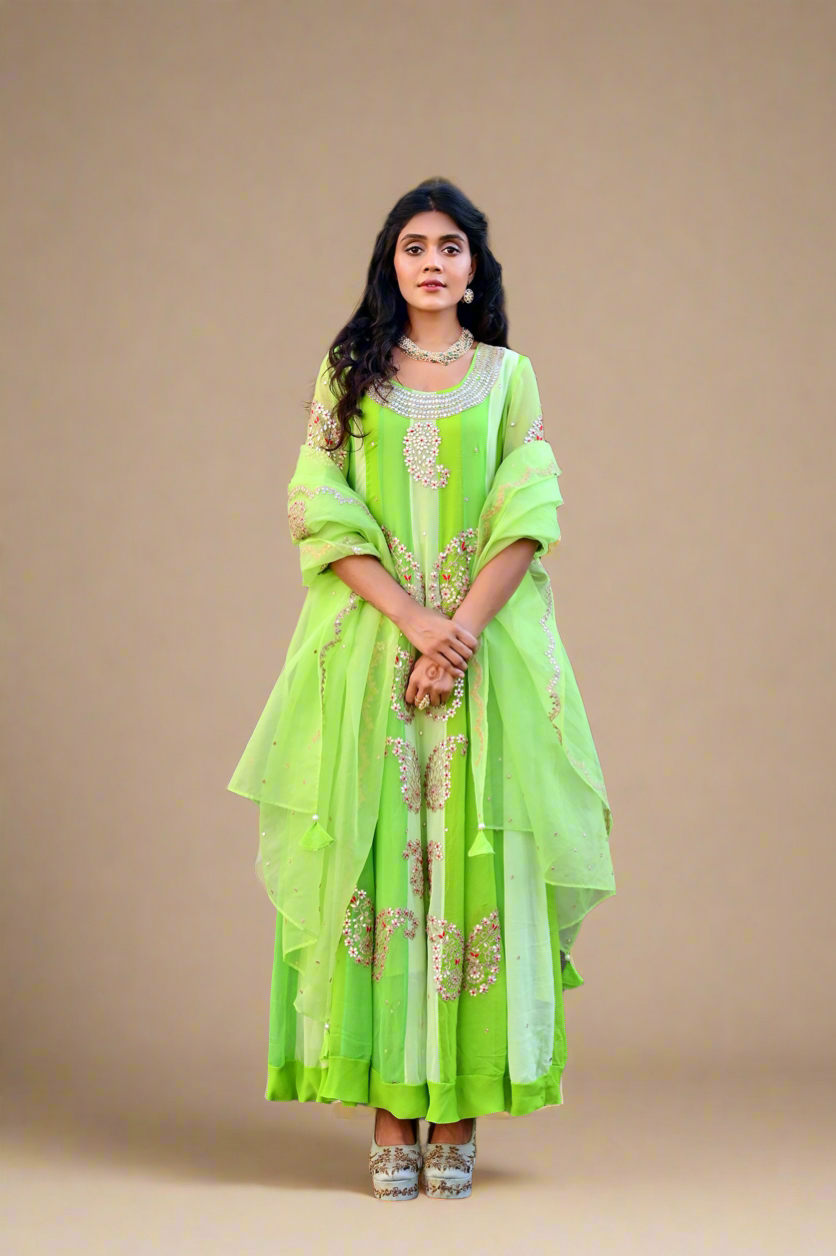 Gota Anarkali Set (Parrot Green)