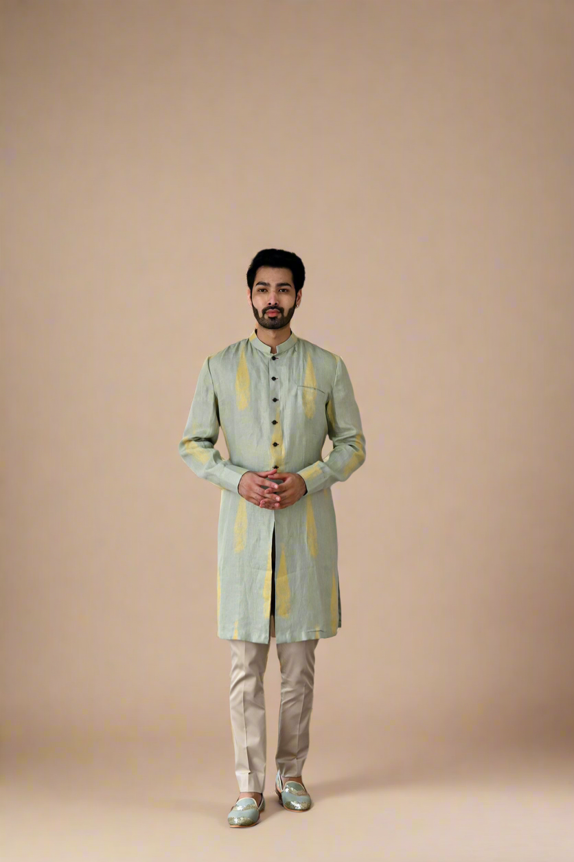 Hand-Block Kurta-Shirt Set (Aqua / Lime)