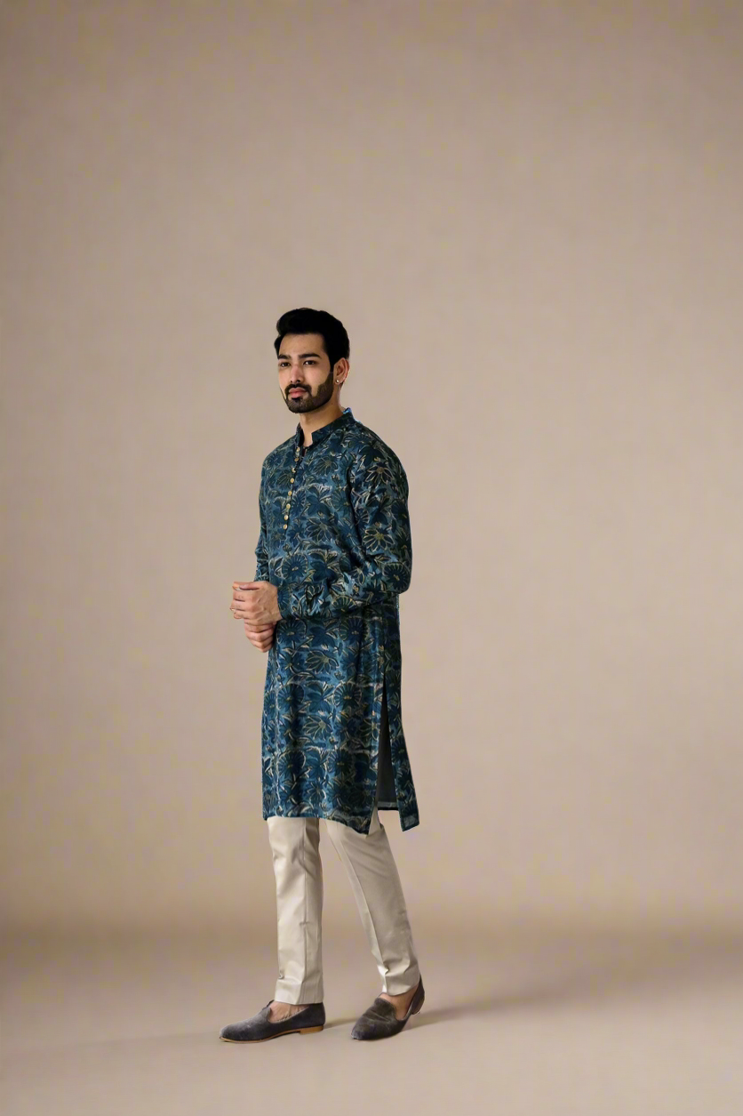 Hand-Block Kurta Set (Deep Blue)