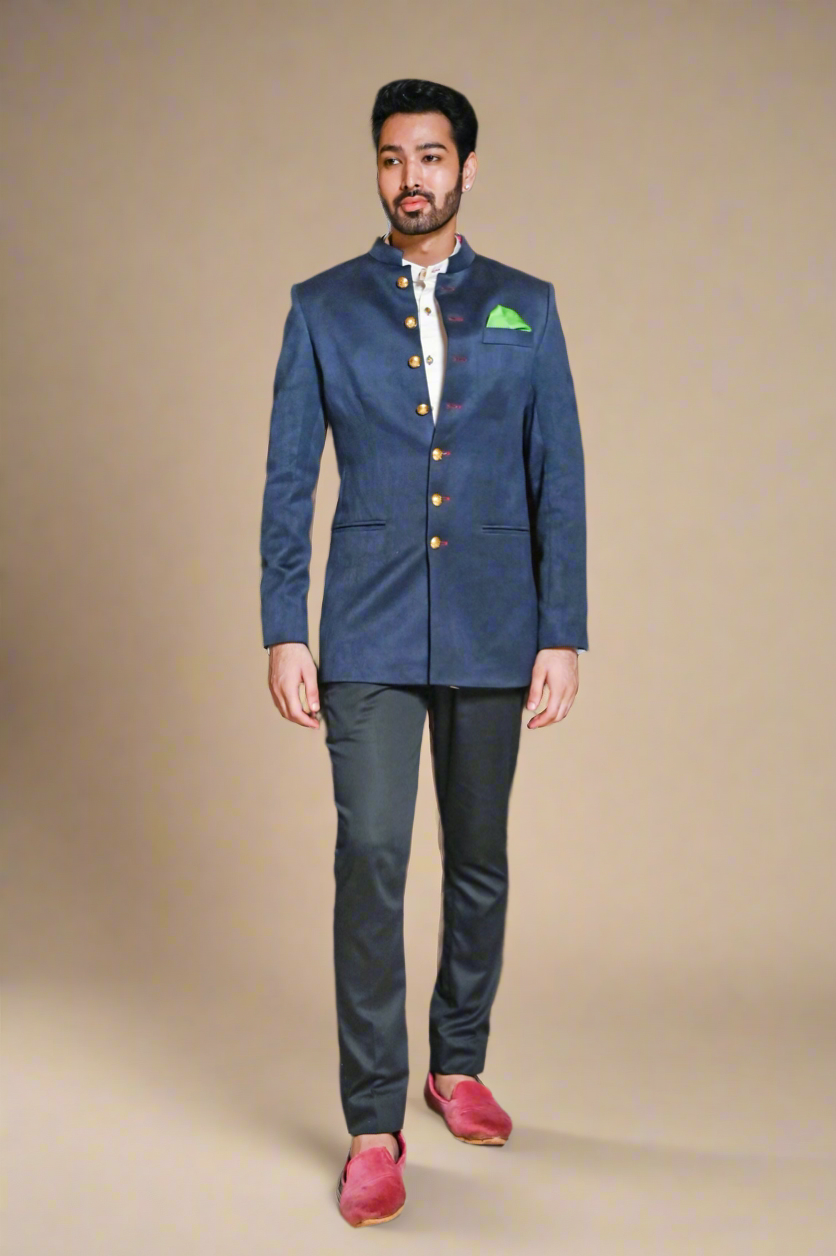 Pure Chintz Bandhgala Set (Charcoal Blue)