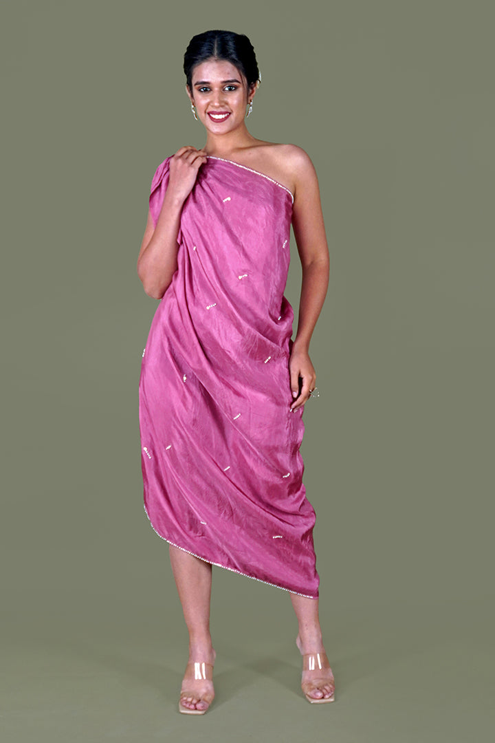 Pink Satin Silk One Shoulder Dress