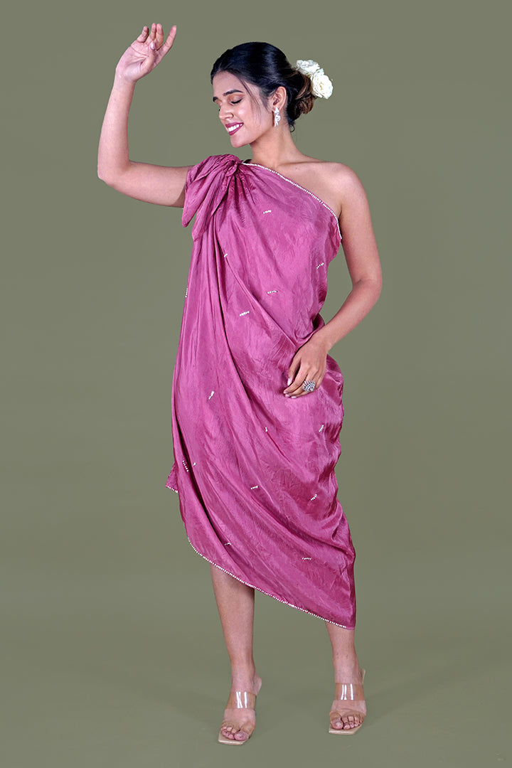 Pink Satin Silk One Shoulder Dress