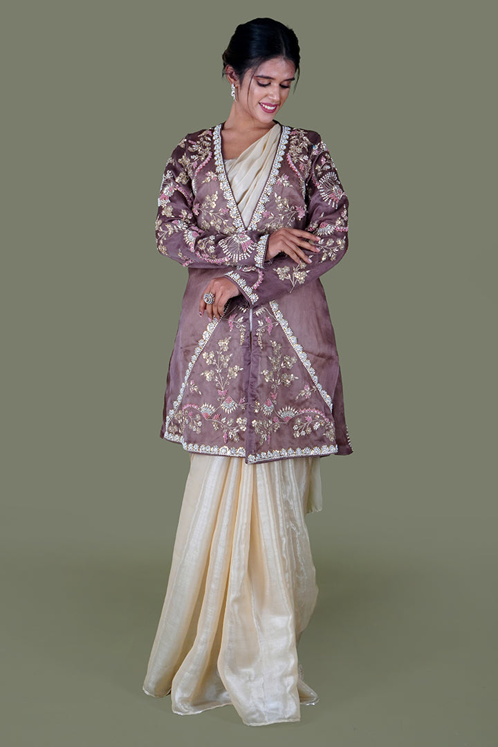 Golden Metallic Satin Silk Saree with Blouse and Jacket- 3pc Set
