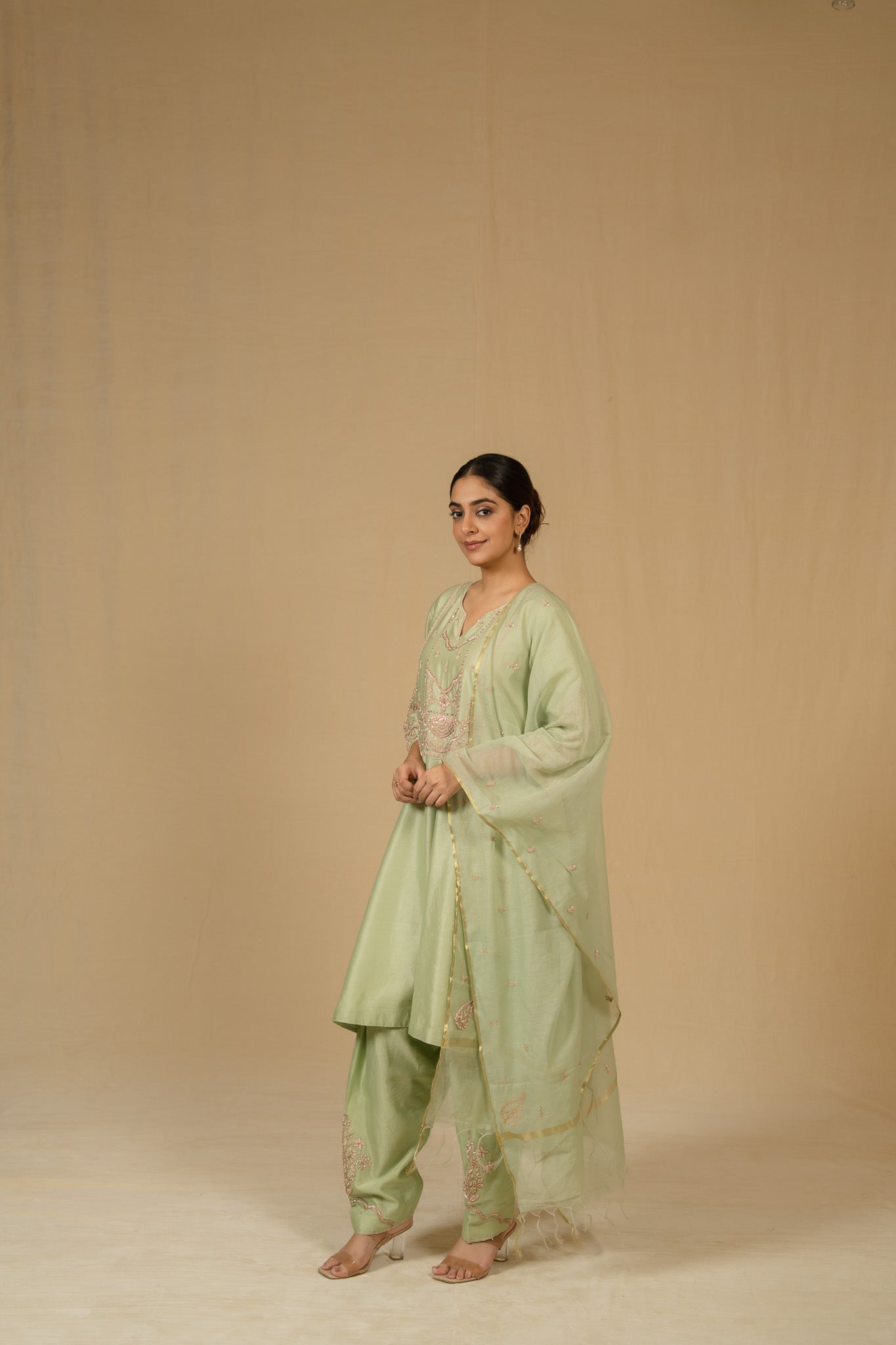Zardosi Chanderi Kurta Set (Leaf Green)