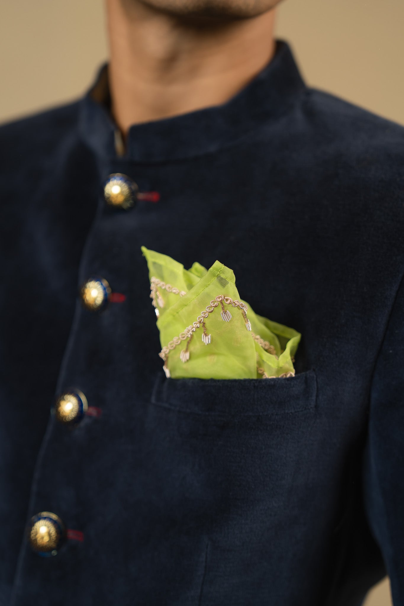 Zardosi Border Organza Pocket-Square (Lime Green)