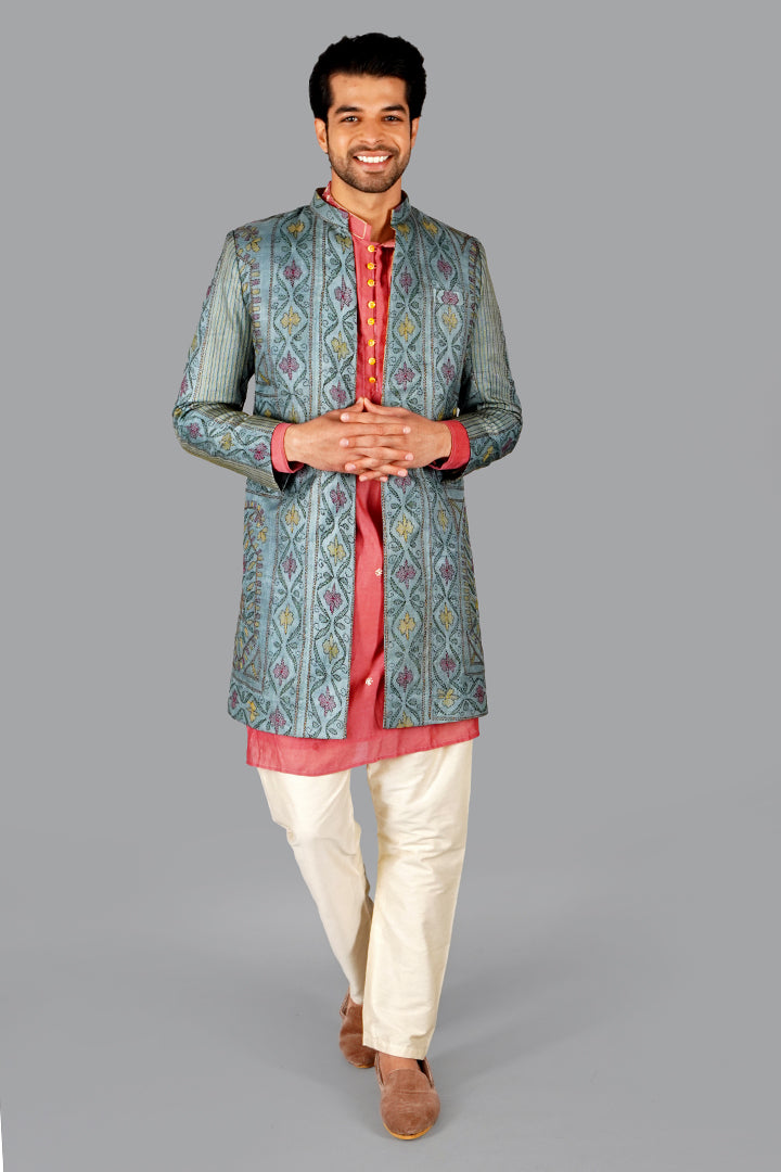 Light Cherry Chanderi Kurta Set With Jacket