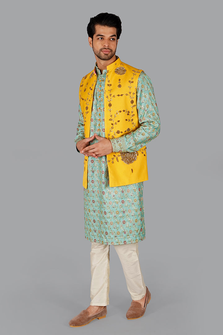 Yellow Modal Silk Jawahar Jacket