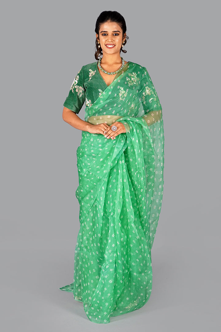 Green Organza Bandhani Saree Set