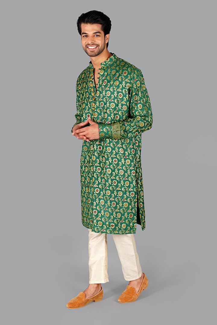 Dark Green Handwoven Banarasi Silk Kurta Set
