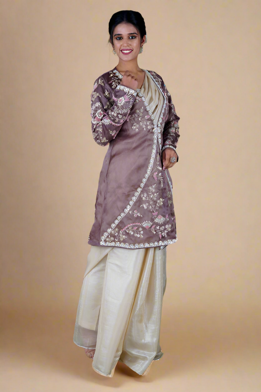 Metallic Silk Saree Three Piece Set (Beige)
