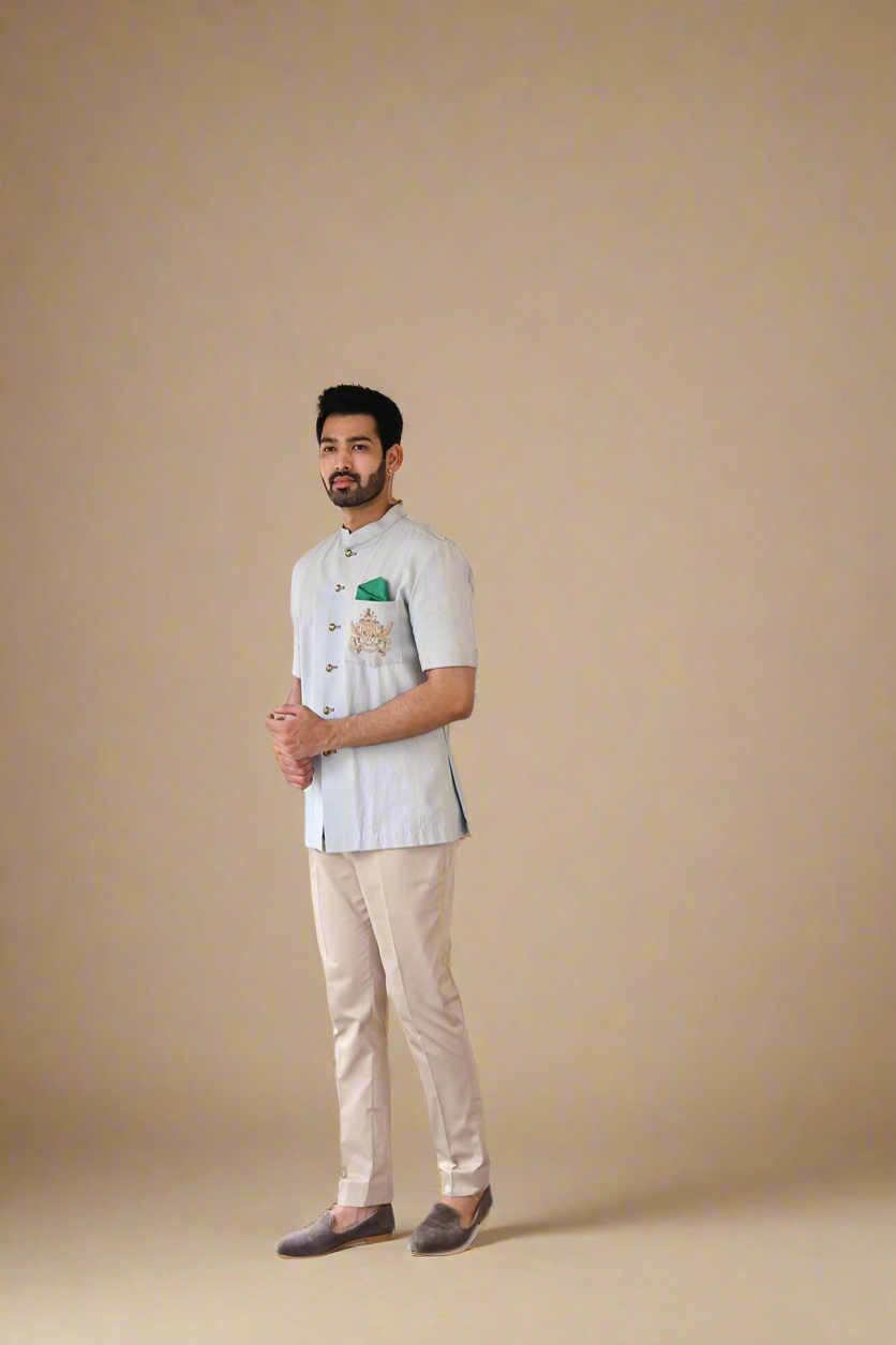 Zardosi Linen Bushcoat (Ice-Blue)