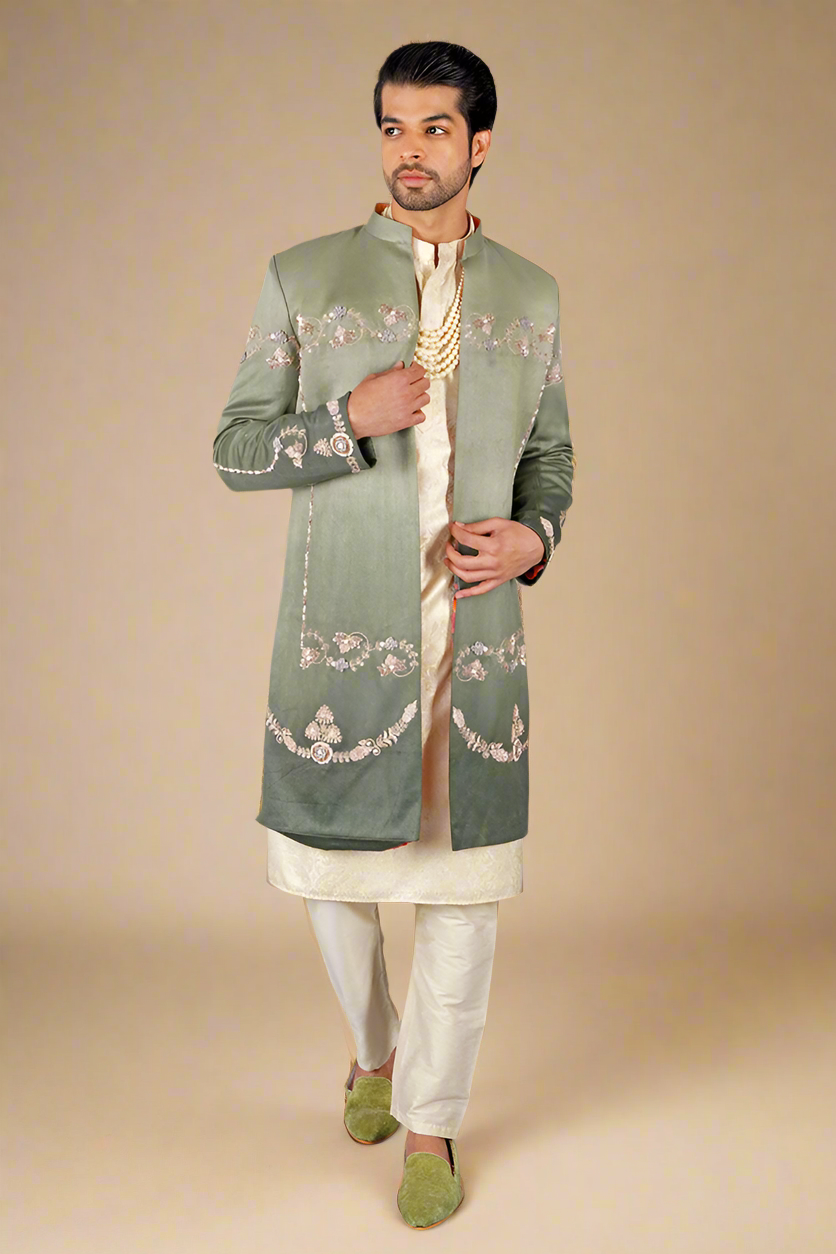 Zardosi Ombre Pure Chintz Sherwani Set (Green)