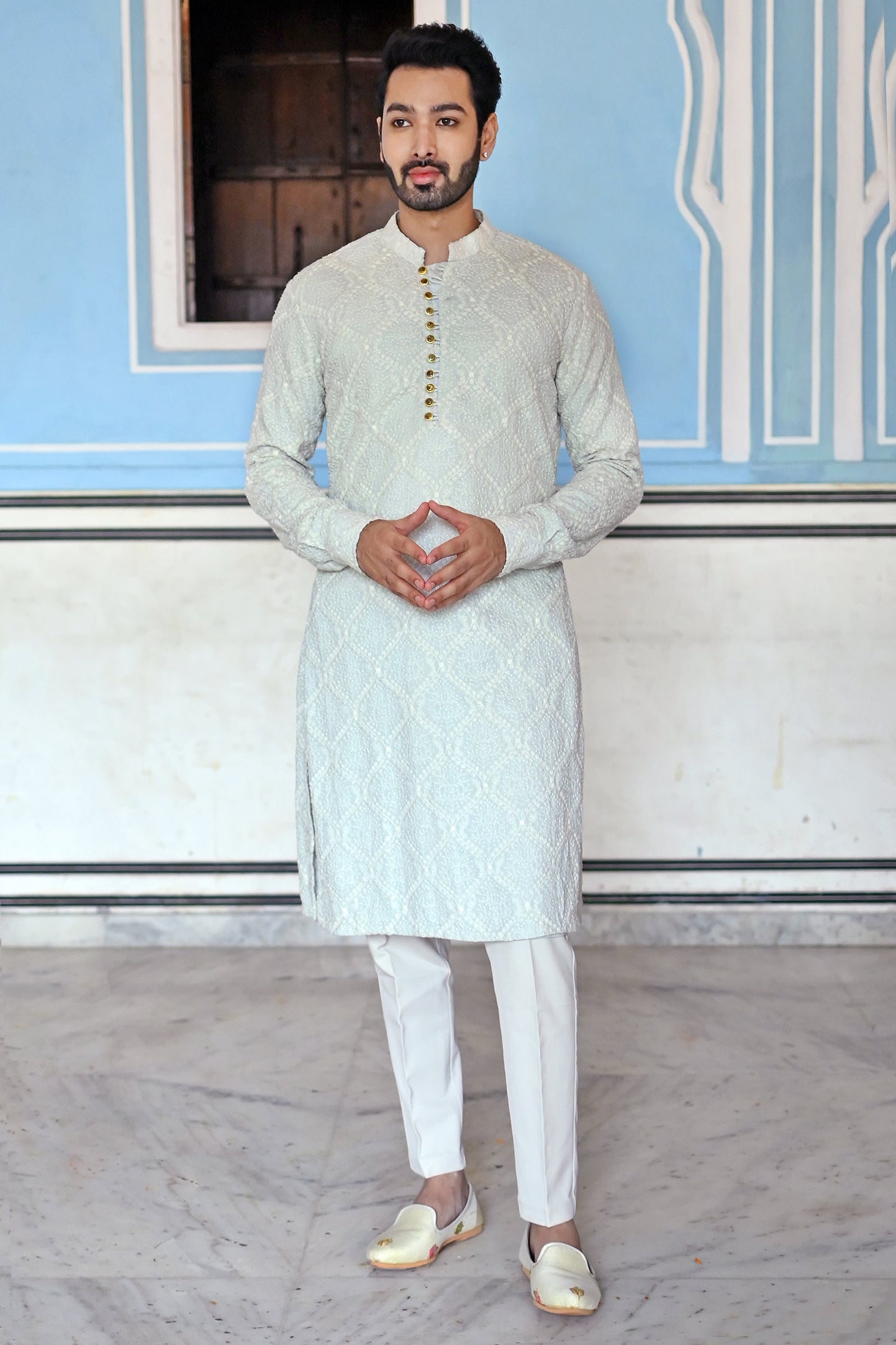 Ice blue chikankari kurta for men