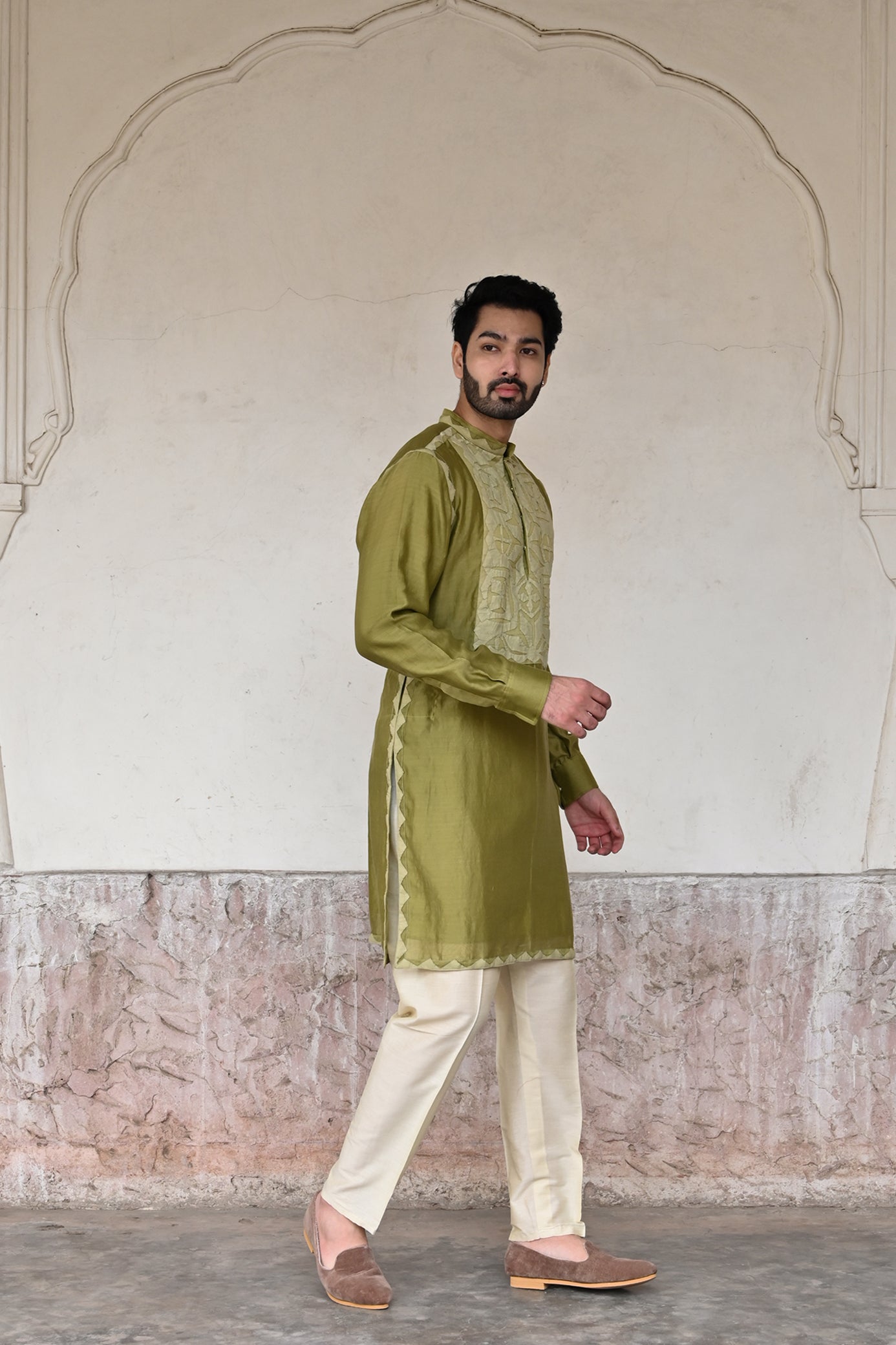green taffeta silk kurta with Alighari trouser