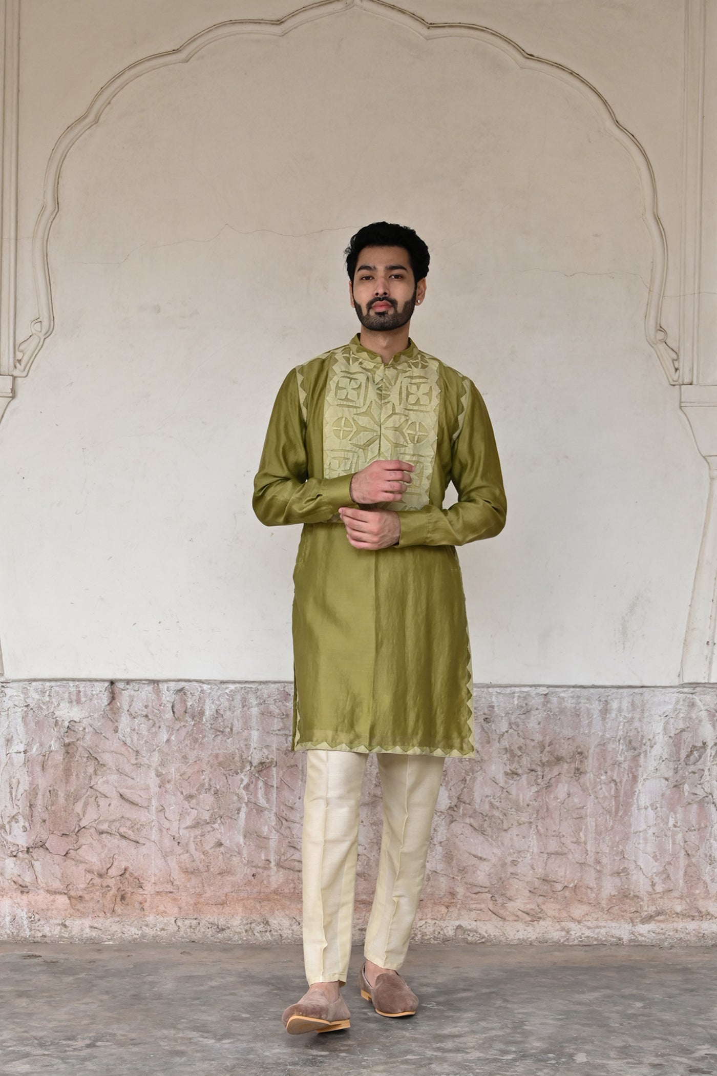 Green taffeta silk kurta with Alighari trouser for men