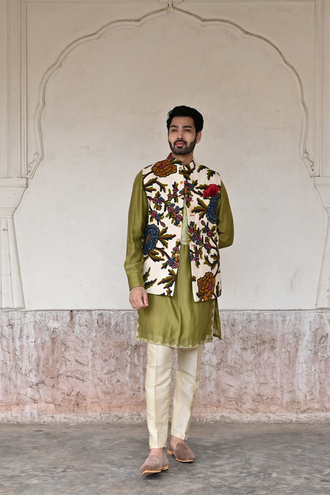 Stylish green taffeta silk kurta set with Alighari trousers for men's festive attire