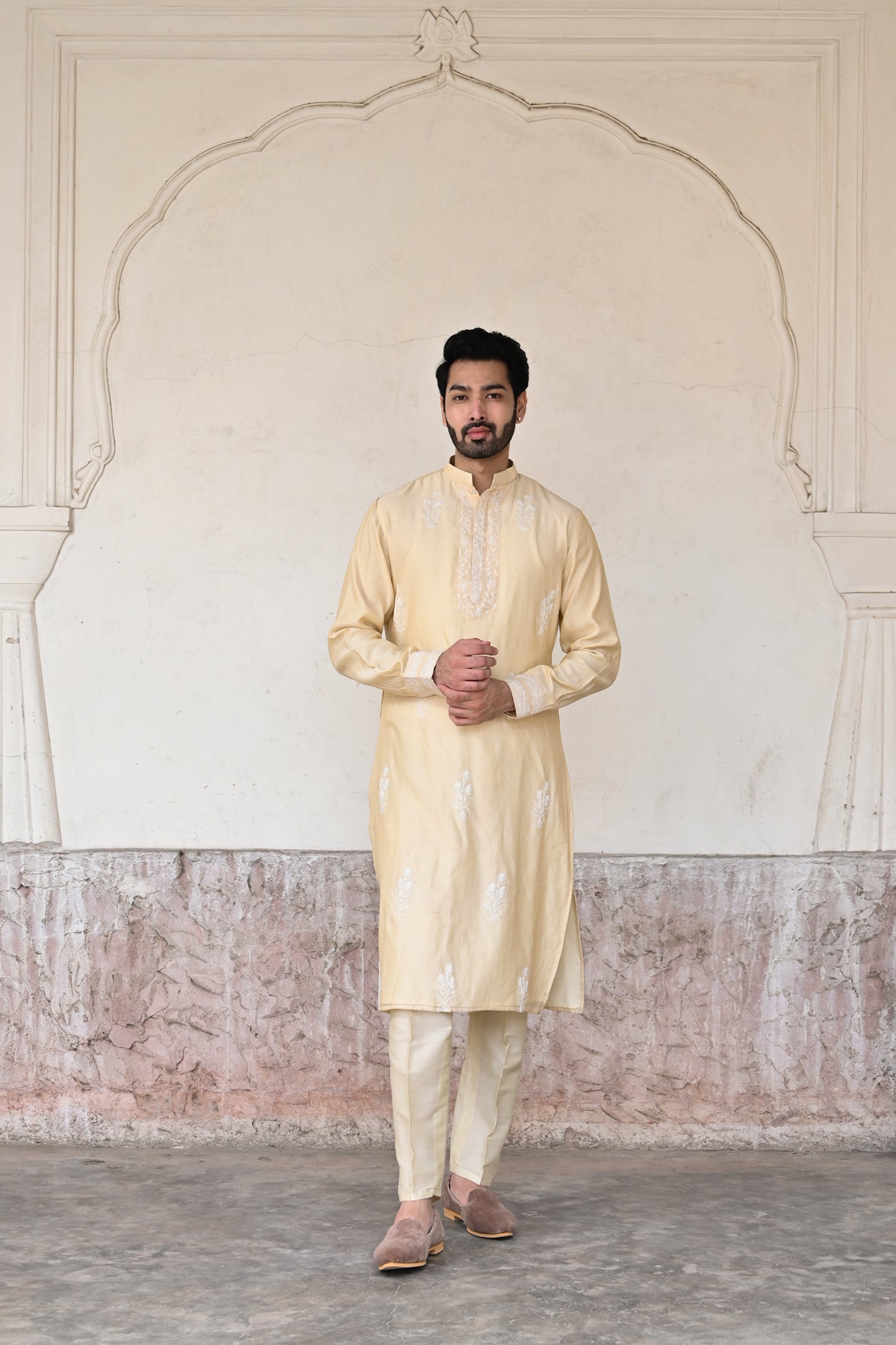 Designer beige color kurta with straight pants for men online