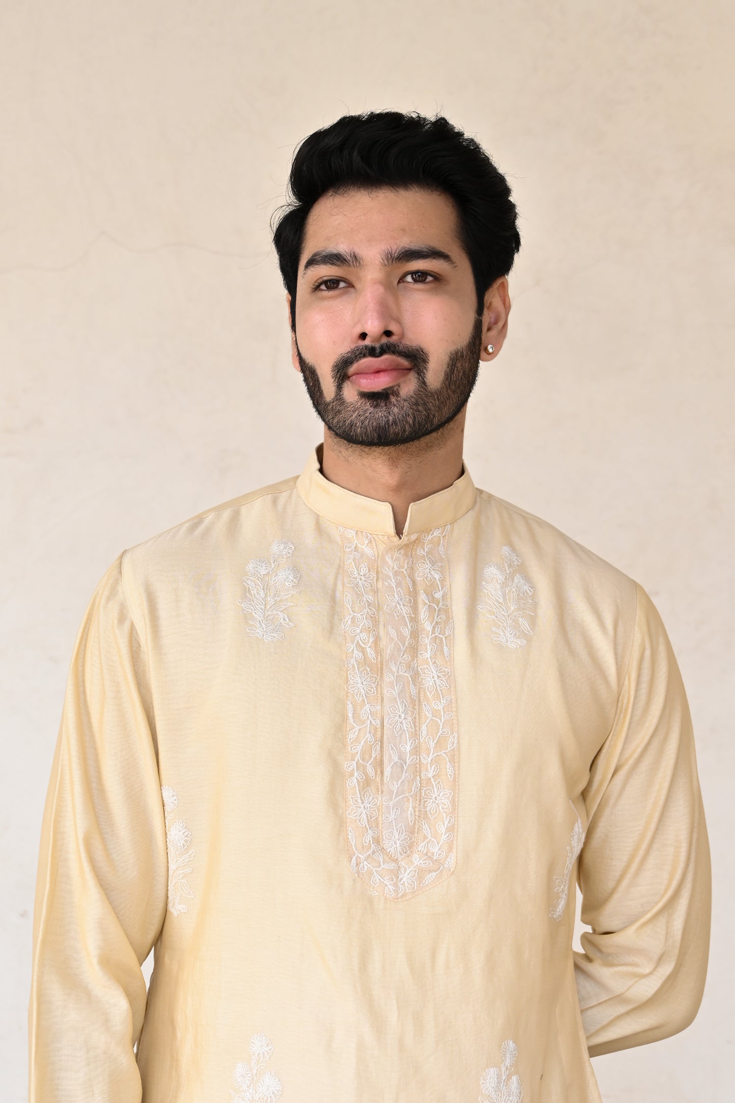 designer beige color kurta with straight pants for men