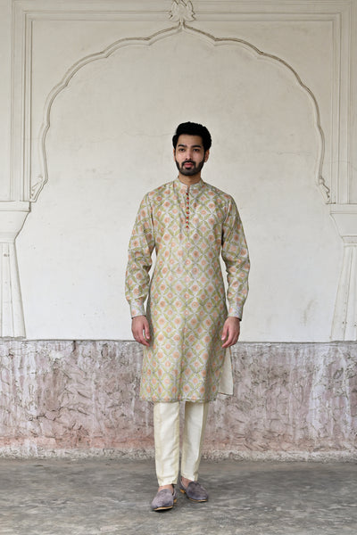 Chanderi silk grey kurta with geometric pattern for groom