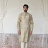 Chanderi silk grey kurta with geometric pattern for groom