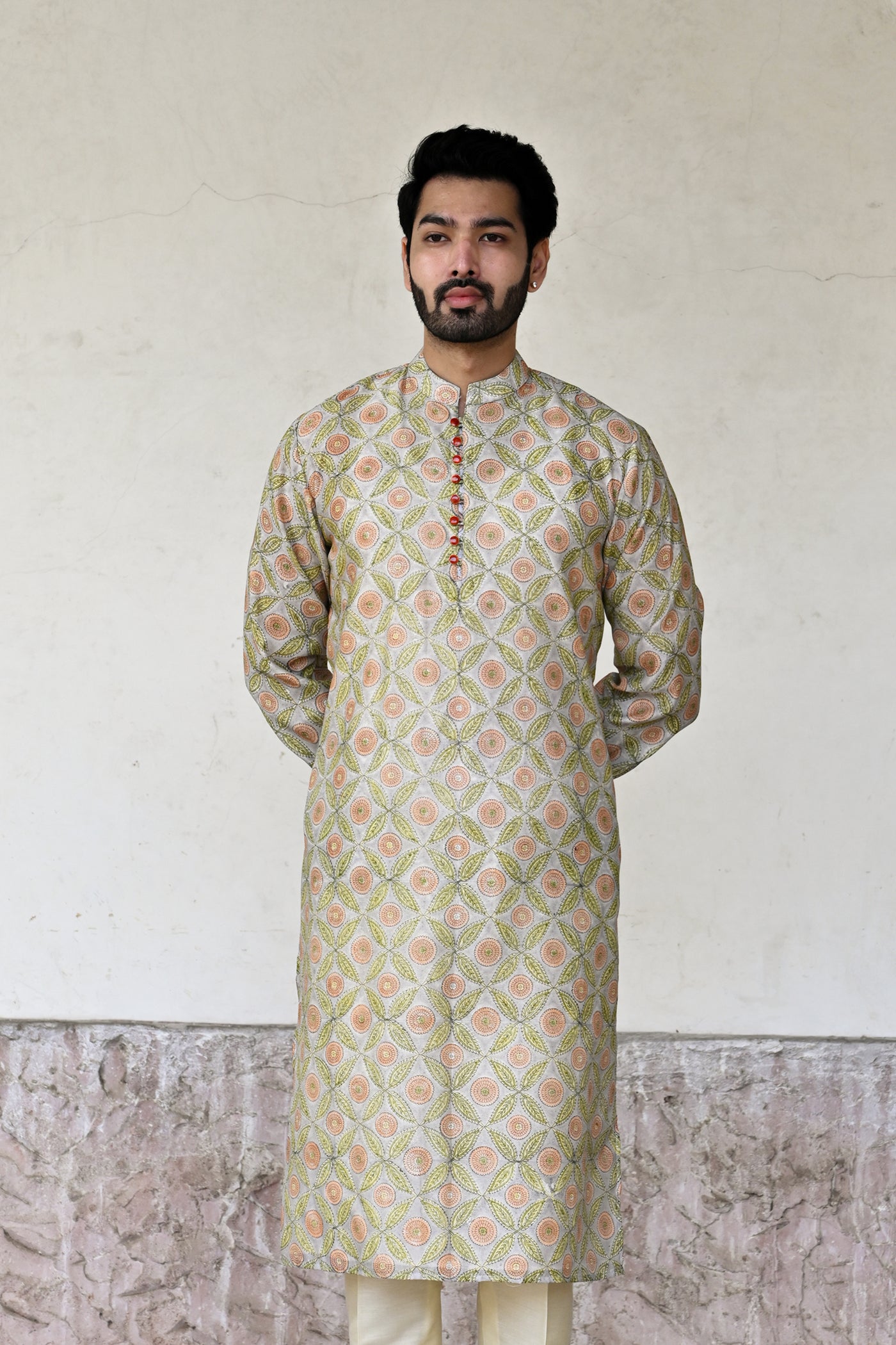Grey kurta with geometric pattern in Chanderi silk for groom's wedding attire