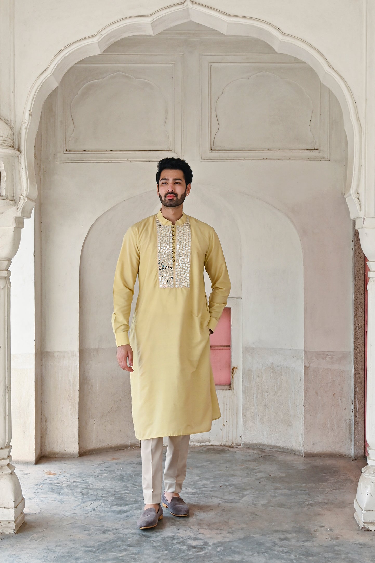 Designer mirror work ivory color kurta set for men online