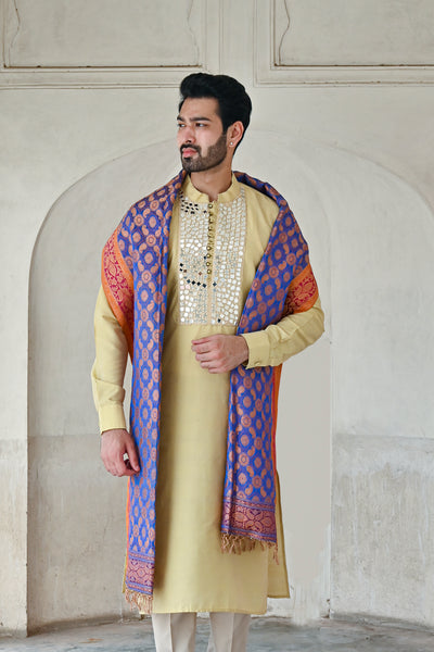 mirror work ivory color kurta set for men's ethnic wear