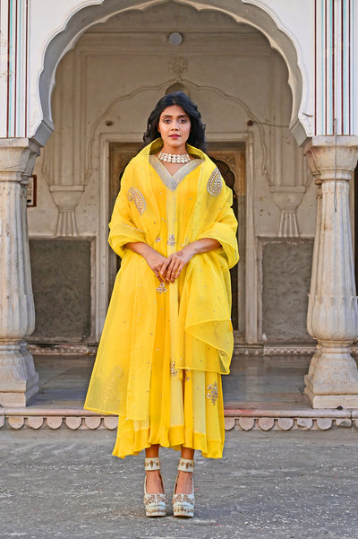 Yellow Embroidered Georgette Anarkali Suit Set