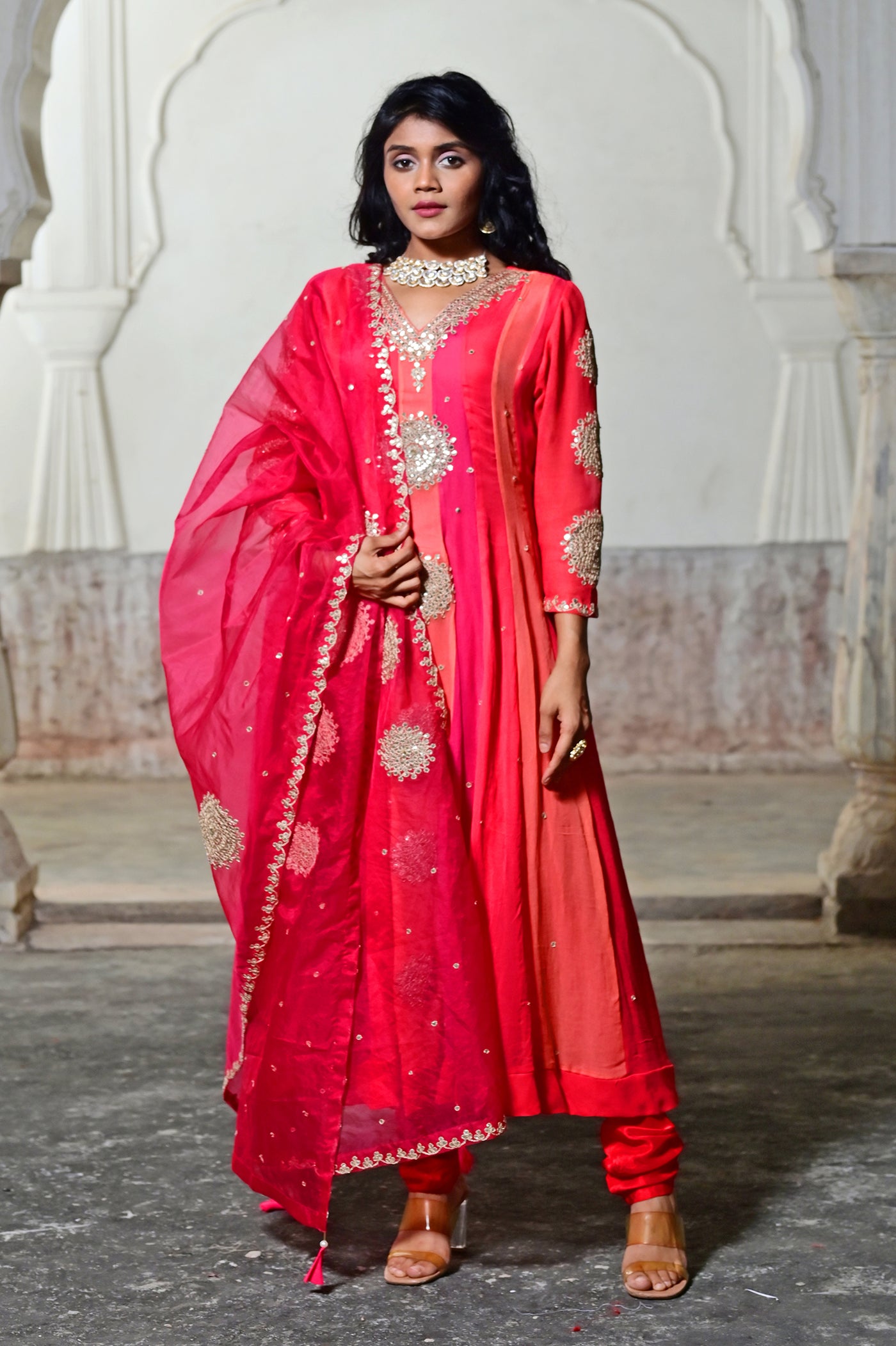 Pink Anarkali suit set with dupatta