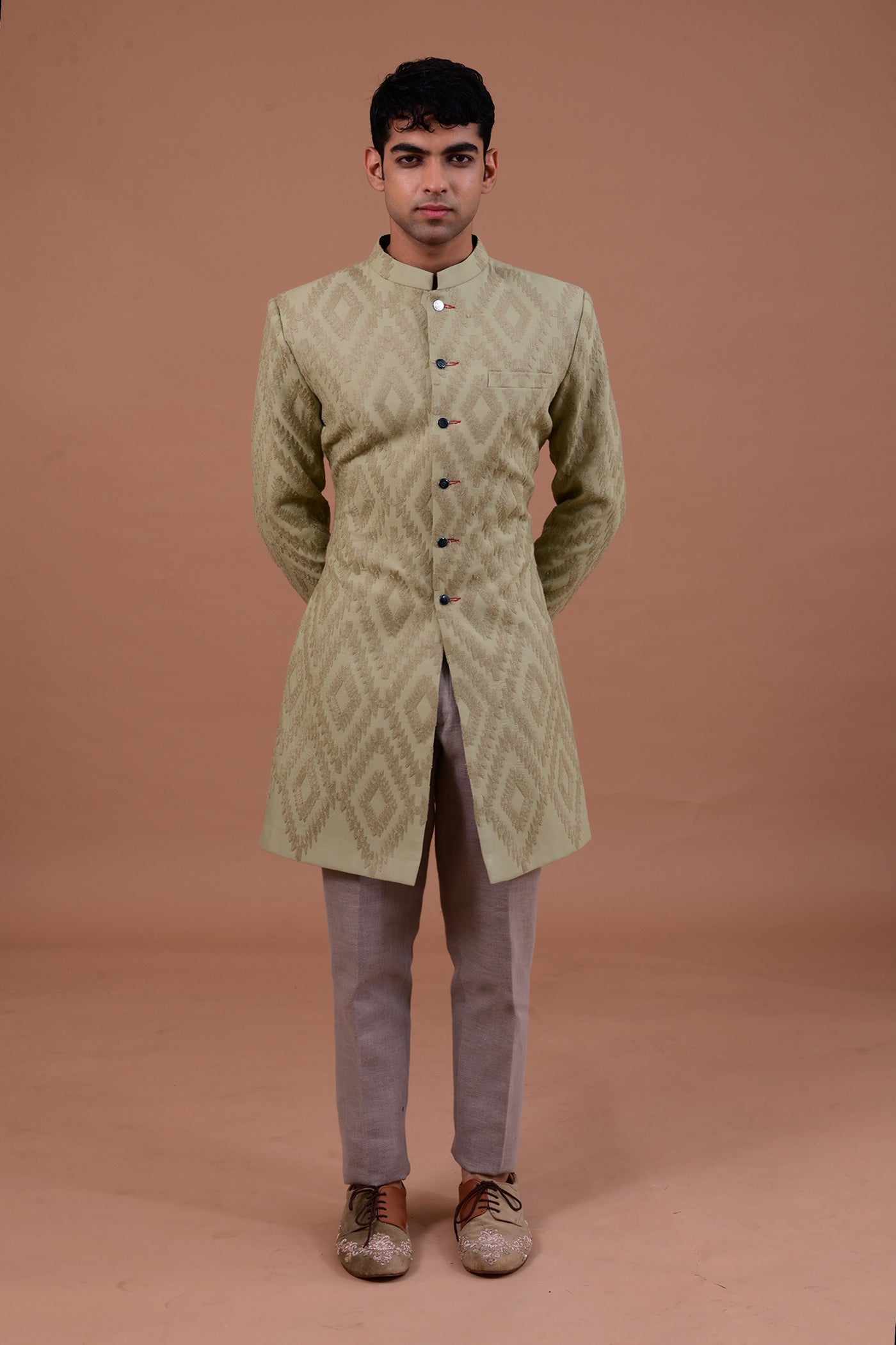 Mehndi green jacket set for men online