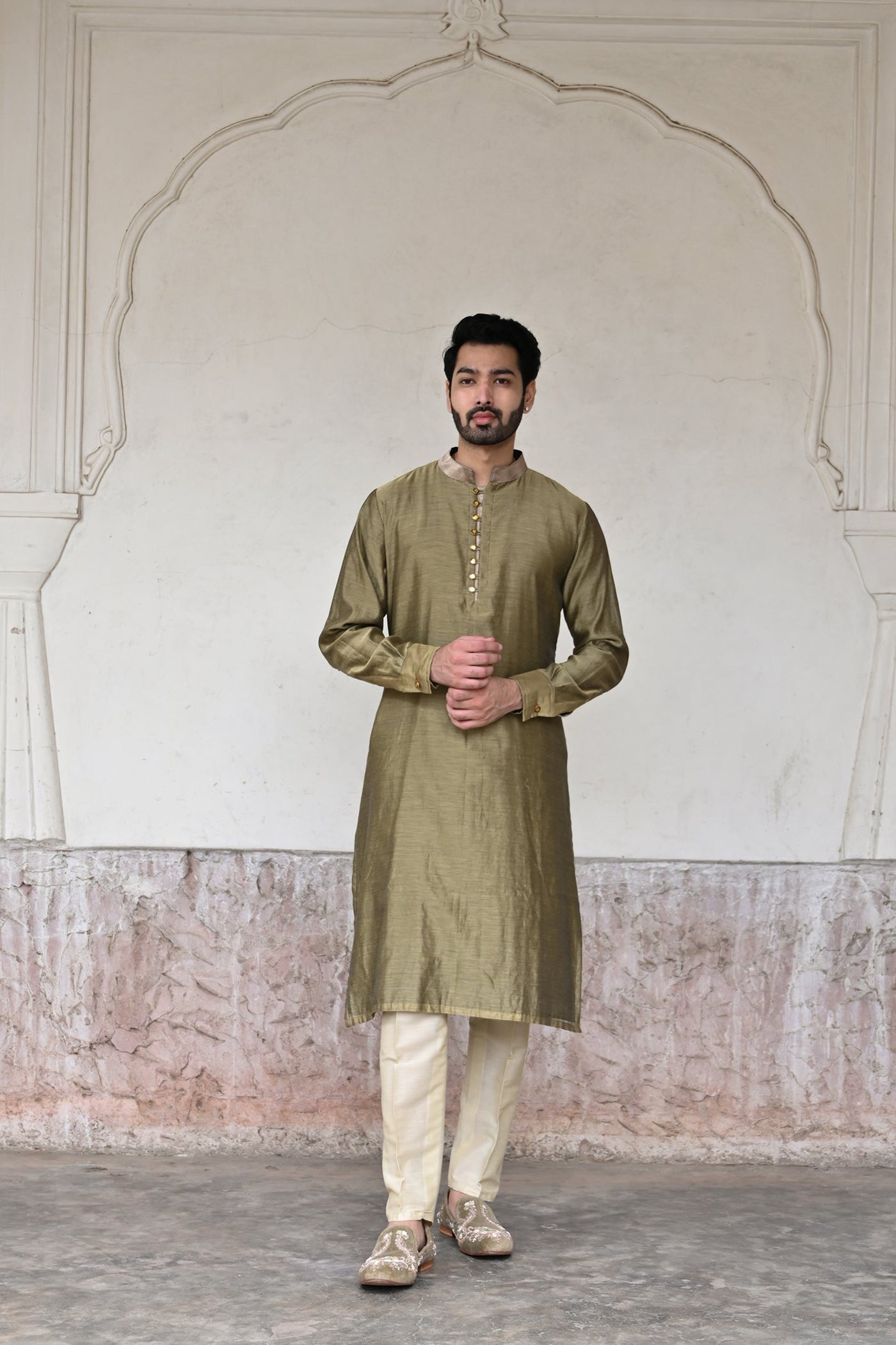 designer Green Chanderi silk kurta set for men online