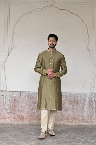 designer Green Chanderi silk kurta set for men online