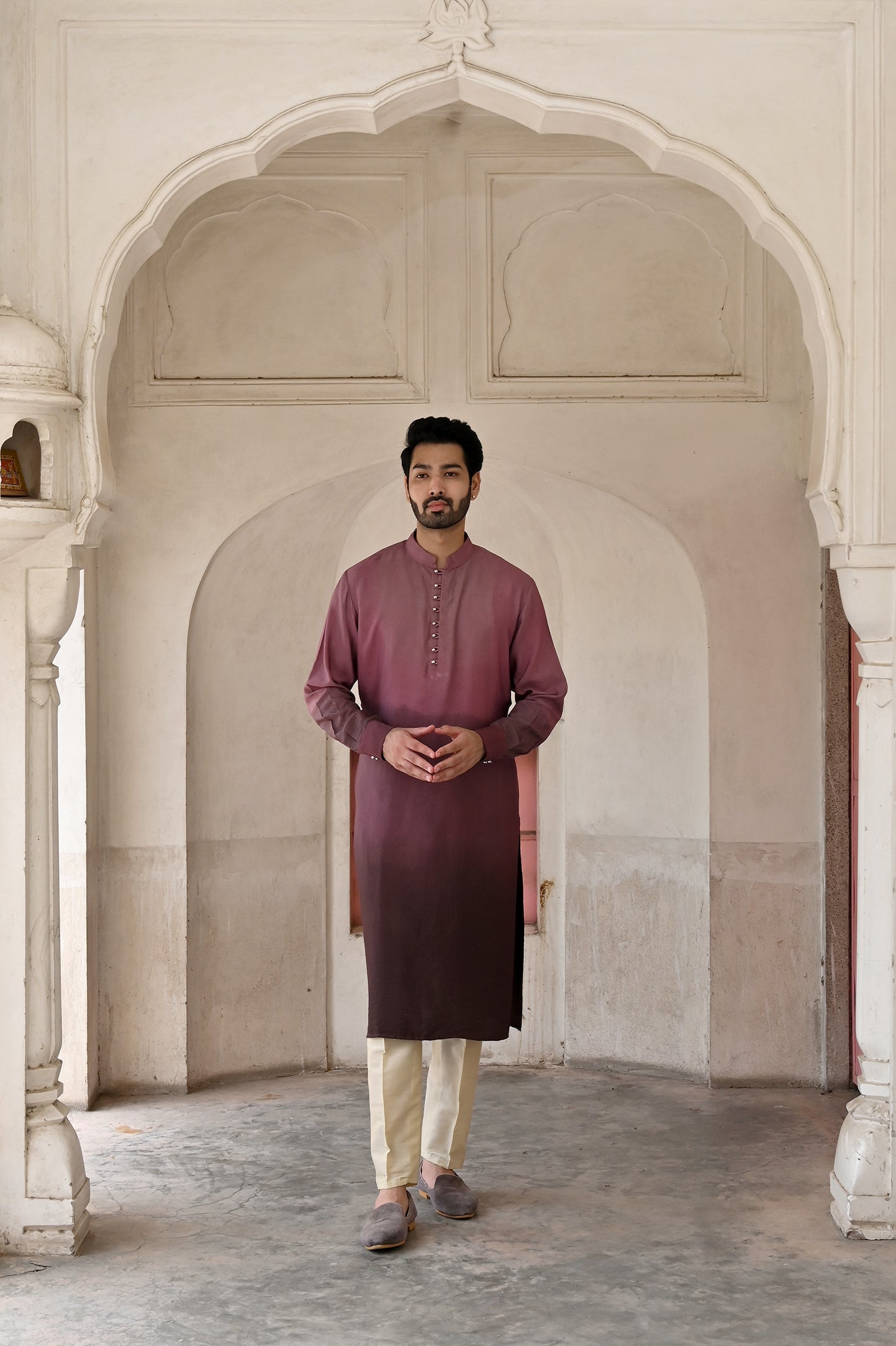 Designer meenakari button magenta silk kurta set for men online