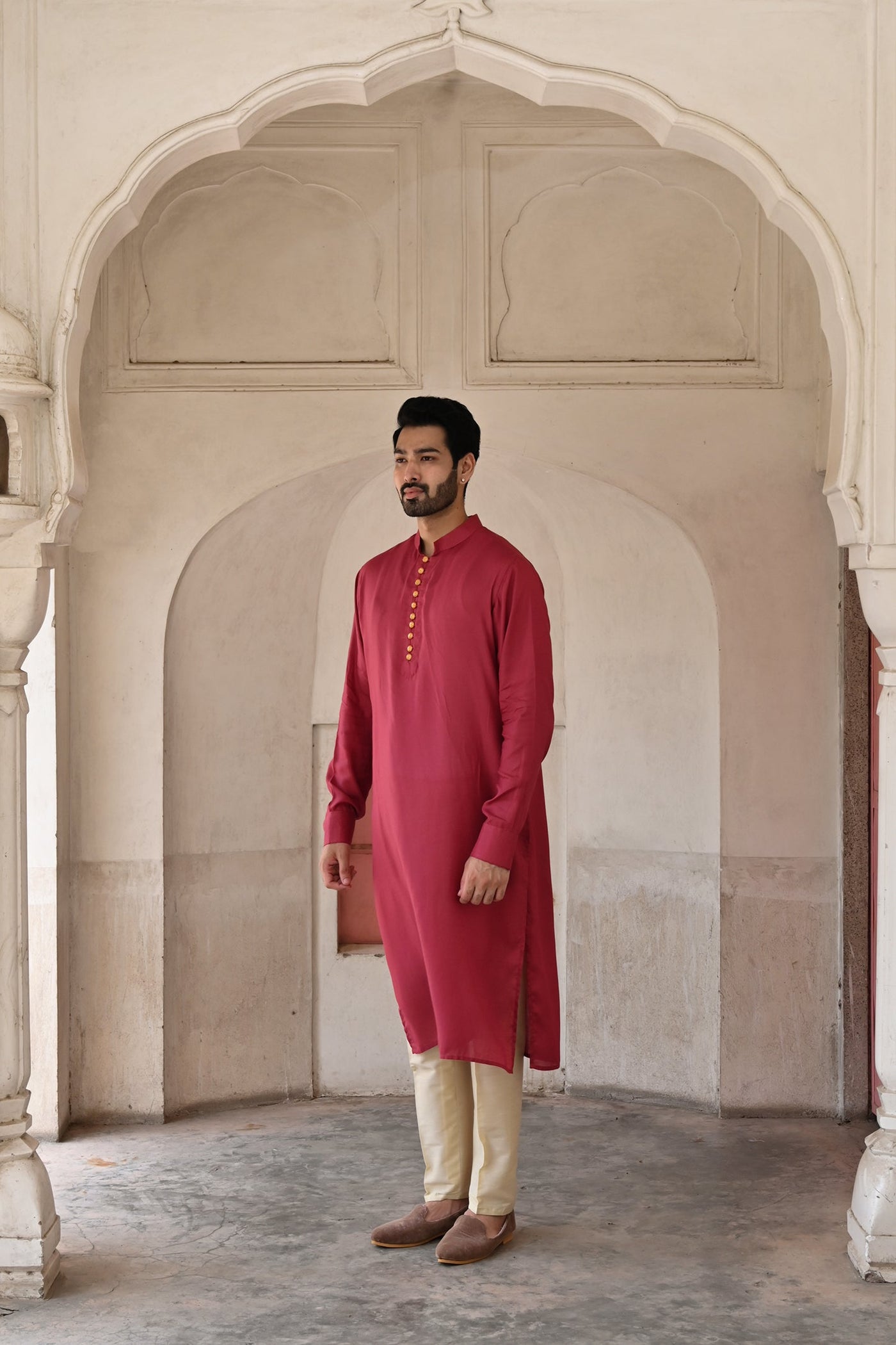 Men's kurta set in red with designer details 