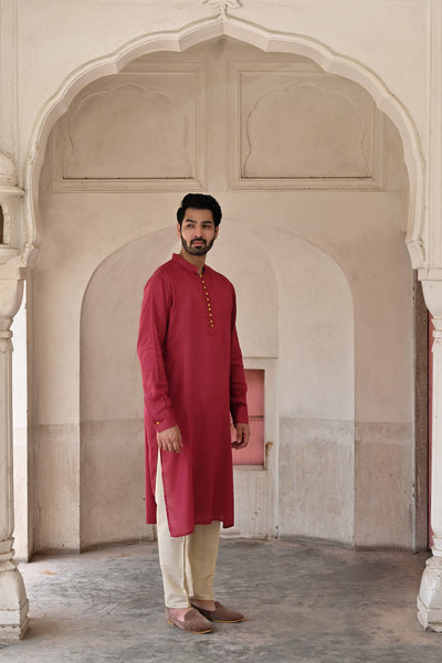 men's kurta set in red color with intricate designer work