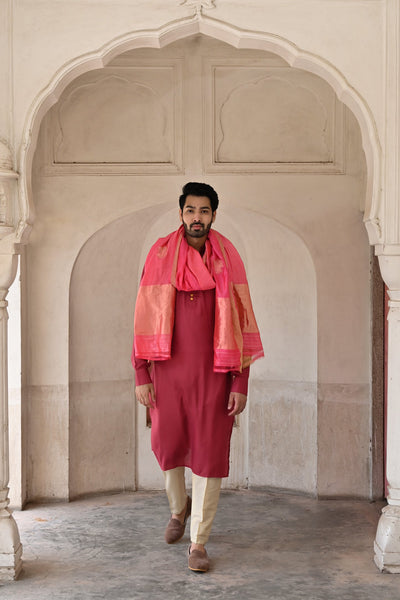 red designer kurta and Aligarhi trouser for a fashionable men's look