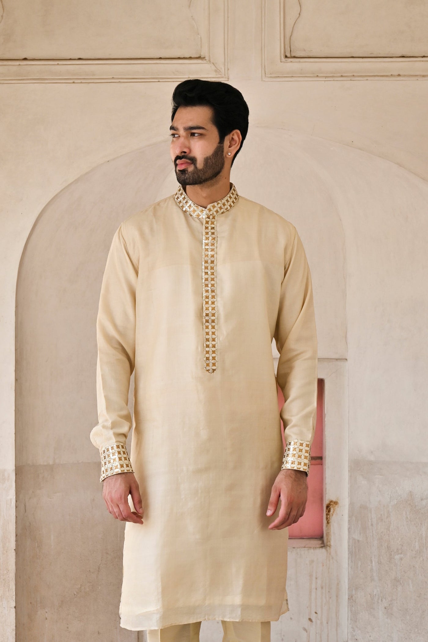 Shop online for beige Banarasi collar kurta set for men