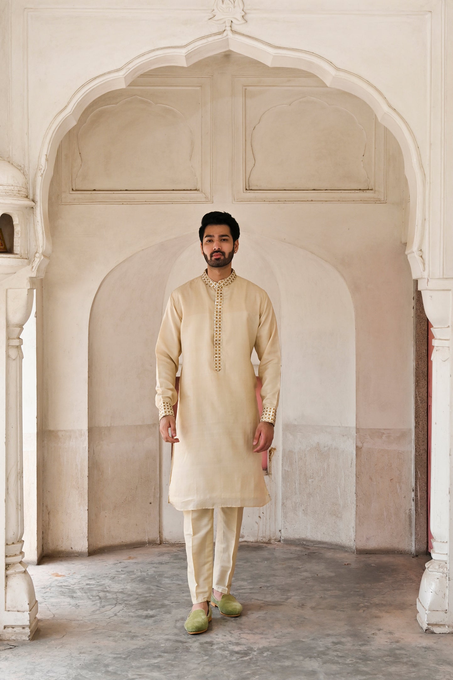 Beige Banarasi collar kurta set for men online