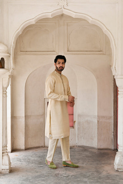 men's beige Banarasi collar kurta set online