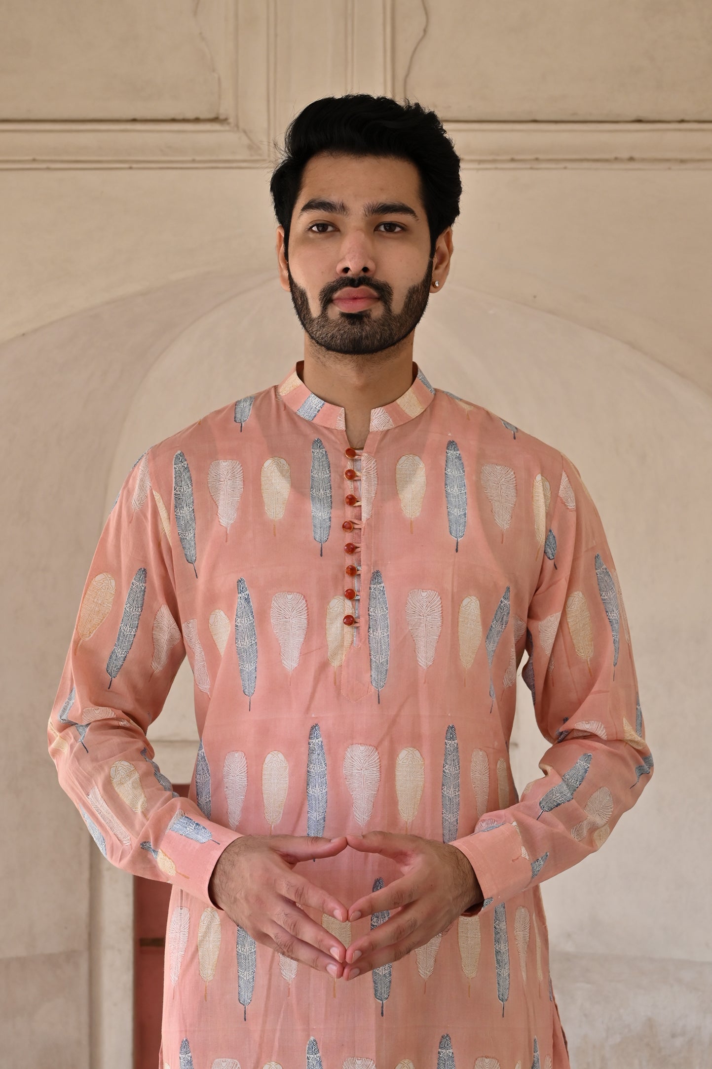 Shop online for peach color handblock print men's kurta with straight pant