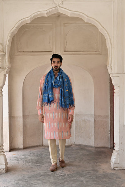 Men's kurta set in peach color handblock print 
