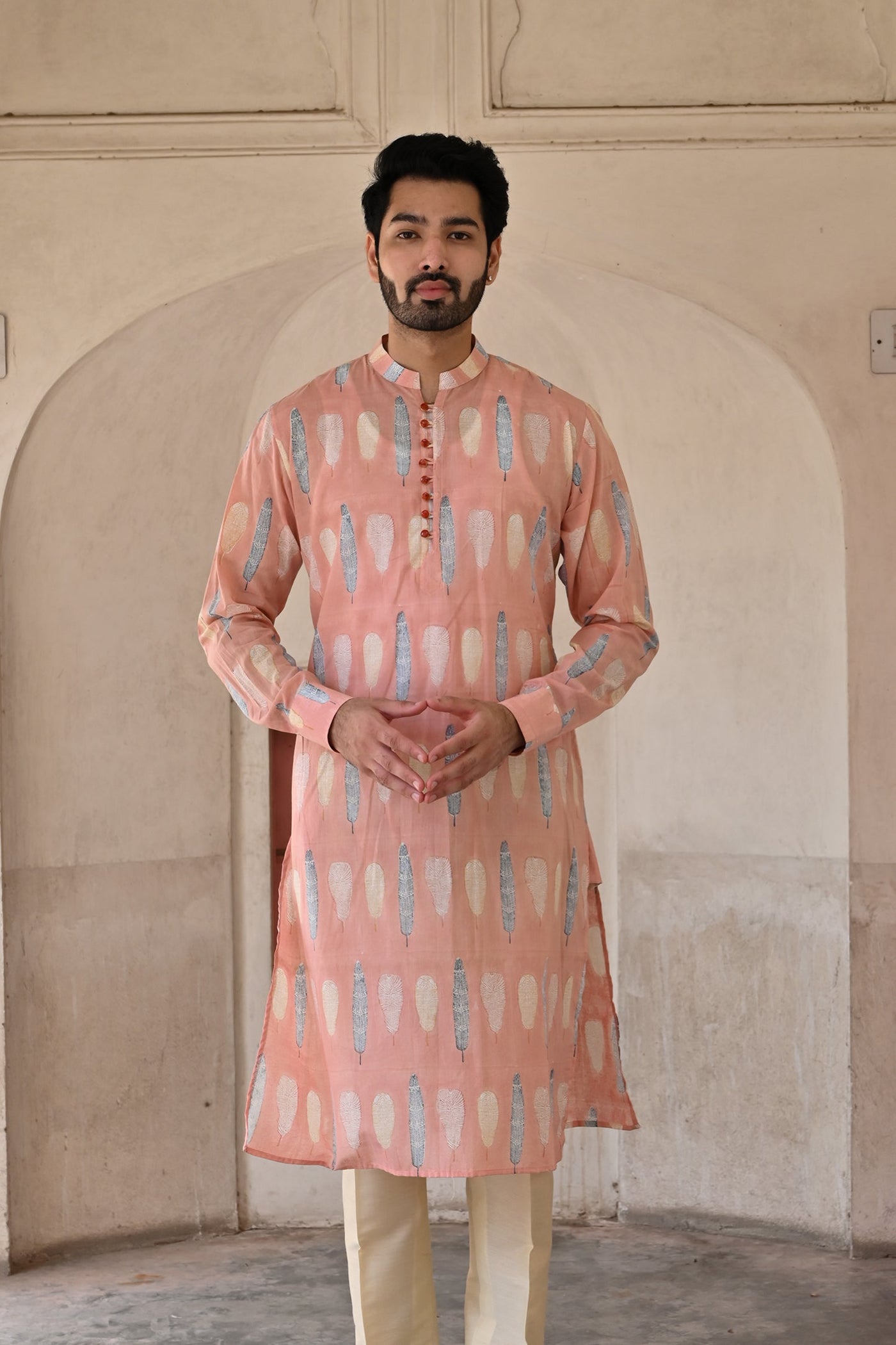 Peach color handblock print men's kurta with straight pant online