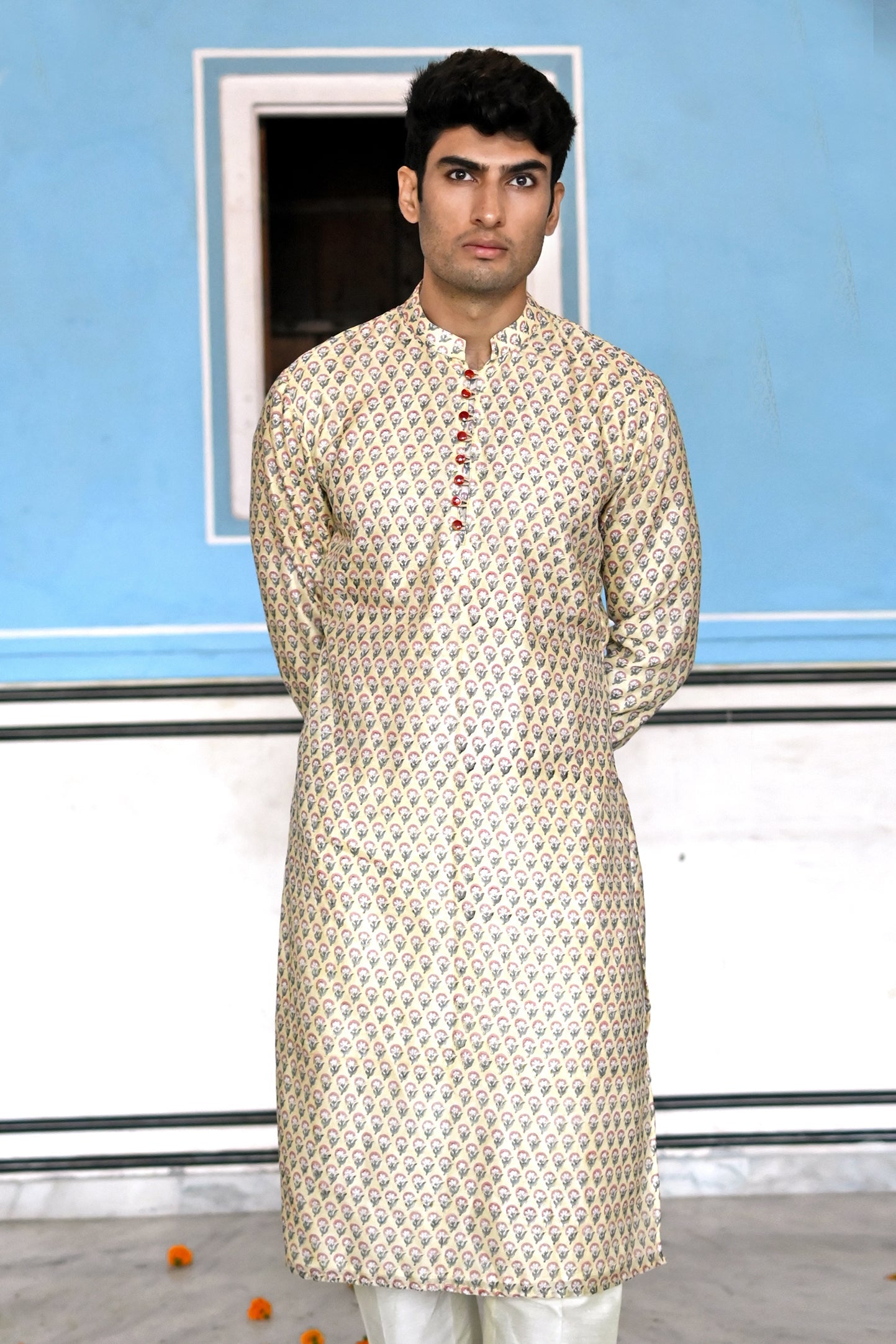 designer chanderi beige color kurta set fotr men