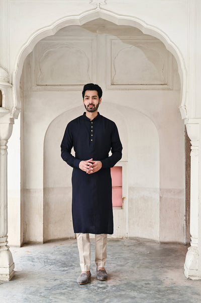 designer men's black moda silk kurta set with mandarin collar