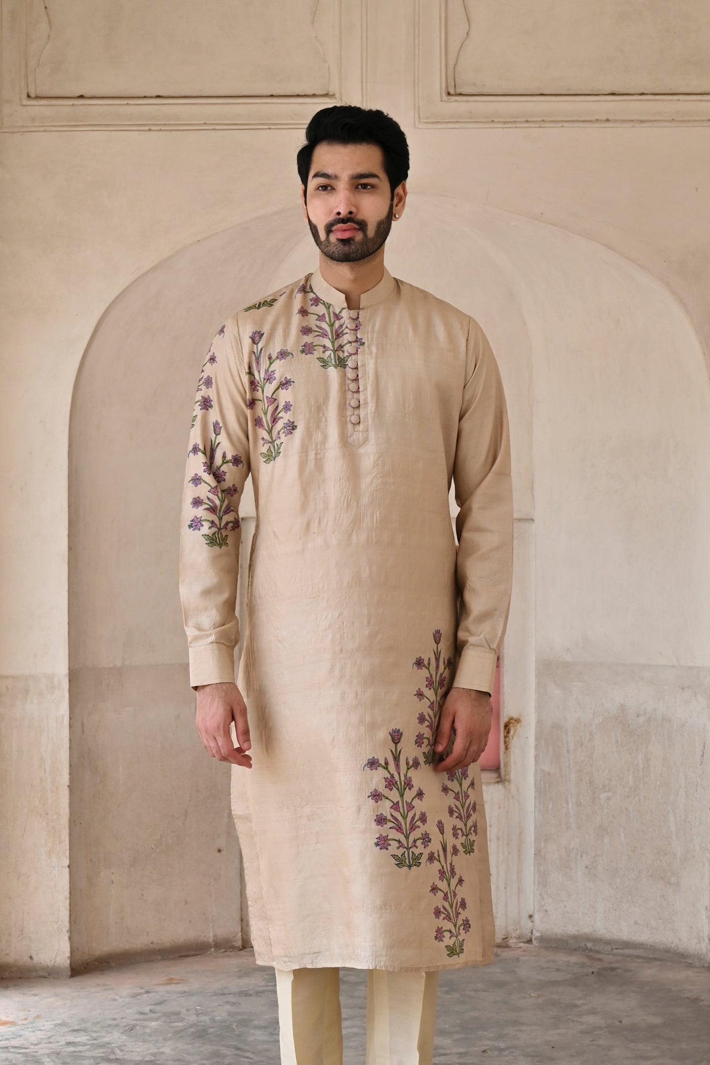 groom kurta with trouser in natural color for haldi look online