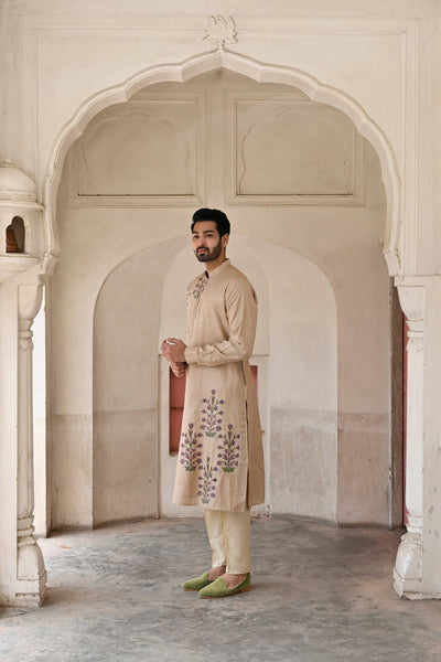 Designer natural color groom kurta with trouser for haldi look online shopping