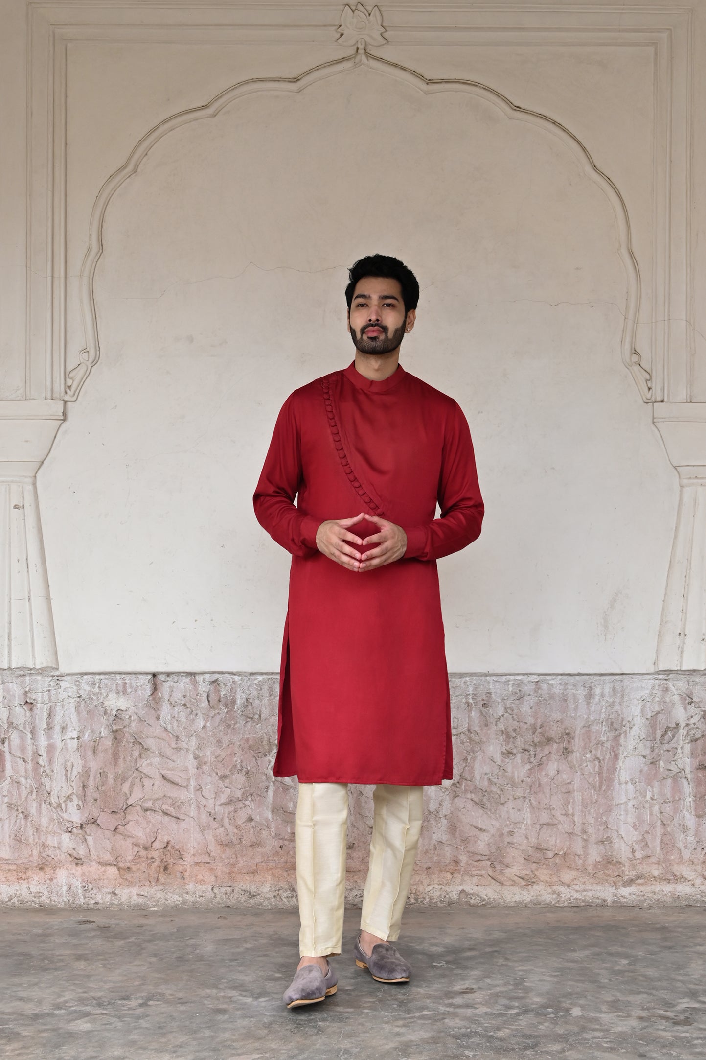 Groom maroon band collar kurta set for wedding