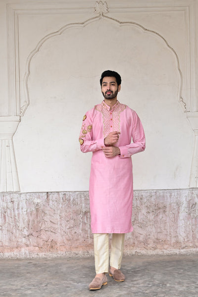 Designer pink Chanderi silk kurta set with sequins for men